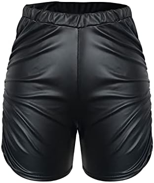 Badhub женски обични кожни кожни шорцеви со високи половини, тенок моторцикл слаби обложени шорцеви секси сјајни истегнати панталони