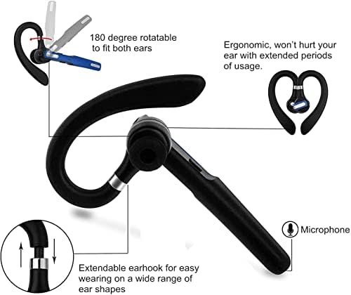 Слушалки за Bluetooth, безжичен Bluetooth Earpiece v5.0 hi-fi стерео лесни слушалки за раце без раце со микрофон за откажување на бучава за мобилни телефони, деловна канцеларија/ раб