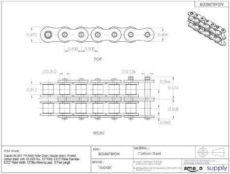 Tsubaki 40-2TWRB ANSI Roller Chain, Double Strand, Riveted, Carbon Steel, Inch, 20 ANSI No.