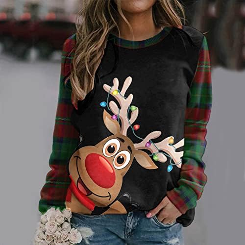 Божиќни џемпери на Зепервоба за жени Смешни Божиќни ирваси печати со долги ракави кошули Новини екипаж грда Божиќен џемпер