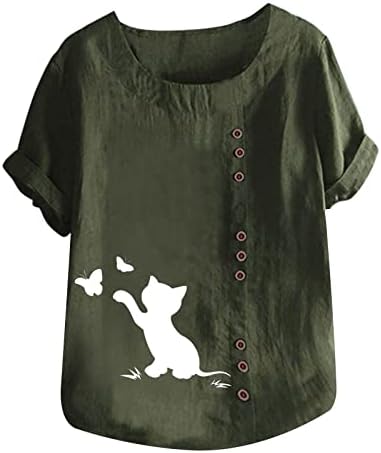 Женски памучни постелнини врвови обични облечени блузи летни тркалачки маички со кратки ракави за печатење на ракави, лабава кошула врвна кошула
