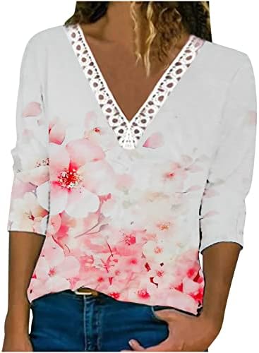 Chенски V вратот од чипка на вратот, бохо, врвови елегантни фустани блузи, проток на лежерни кошули со долг ракав, симпатична цветна маица за печатење