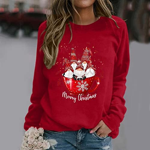 Beuu жени Среќни Божиќни џемпери гном печати долг ракав плус маици со големина, обични екипаж вратот на екипажот Божиќ, пулвер врвови