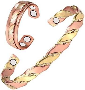 Волт Триколор бакарна магнетна нараквица и прстен за жени или мажи, бакарна треска со 8 магнети, 16,5 см, прилагодлива големина,