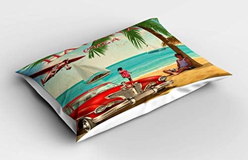 Амбесон Патување Перница Шам, Хавана Куба Тематските Ретро Постер Како Графички Со Гроздобер Автомобил На Тропски Плажа, Декоративни