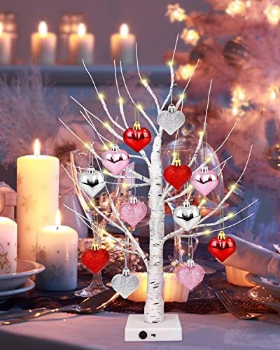 2ft Денот На Вљубените Бреза Дрво Светла, Божиќ Вештачко Дрво со 24 LED Светла, 12 Парчиња Виси Срцето Центар, Валентин Декор Подароци