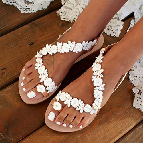 Сандали за жени фустани летни жени летни летни цвеќиња од чипка од чипка се лизгаат на рамна плажа отворена пети чевли за дишење сандали