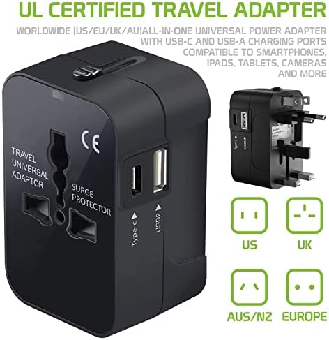 Travel USB Plus Меѓународен адаптер за напојување компатибилен со Samsung SM-N910 за светска моќ за 3 уреди USB TypeC, USB-A за патување помеѓу
