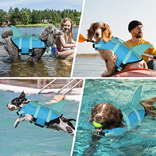 Догерс кучешка јакна, симпатична ајкула кучиња животно елек за пливање со пловење со супериорна пловност и рачка за спасување, прилагодлива безбедност на миленичи