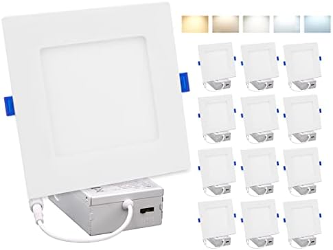 Максим 12 Пакување 4 во. 5cct Квадратни Ултра Тенки ВДЛАБНАТИ Led Downlight, 750 Lumens Тенок Cansless, Ic Отценети, 5 Температура На Бојата Избор 2700K/3000K/3500K/4000K/5000K, Затемнети, J-Кутија Вкл