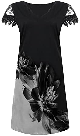 Фрагарни здолништа за жени миди должина, дами случајно позиционирање печати V-врат чипка панел со краток ракав фустан