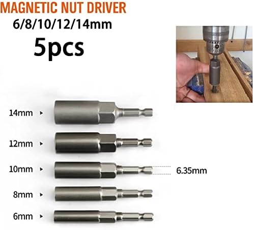UXZDX 5PC HEX приклучоци Комплет 6mm/8mm/10mm/12mm/14mm Адаптер за магнетски приклучок Влијание навртка на завртки за дупчење, поставен за пневматски шрафцигер