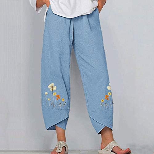 2023 памучни постелнини панталони, женски фустани обични широки нозе палацо јога каприс цветни печатени модни мега -панталони со џебови