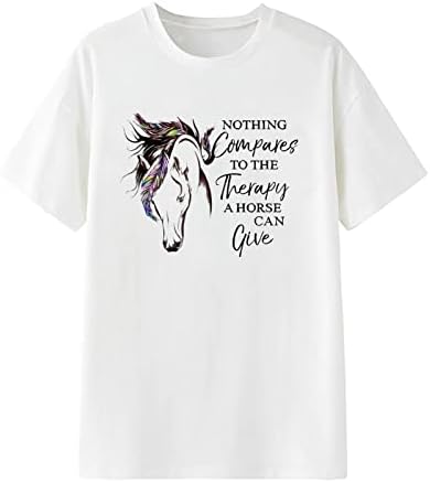 Коњска маица за жени кратки ракави лето на лето, смешно писмо за печатење на туники, обични пулвер со преголеми кошули блуза