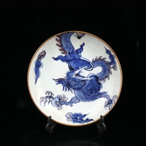 22,5 см кинеска стара сина бела порцеланска рака насликана плоча за украси на змеј