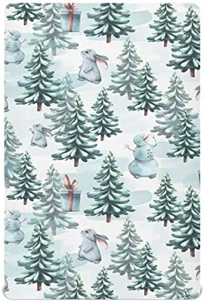 Kicpoay опремени чаршафи за креветчиња Зимско шумско дрво зајак затегнати преносни листови за игра за бебиња, дише мек мини душек за