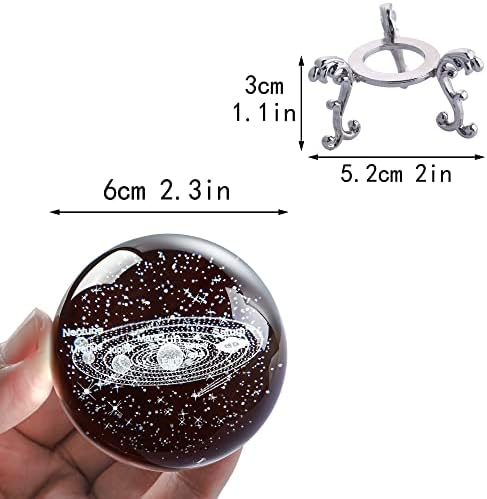 HdcryStalGift 3D ласерска врежана соларна систем Кристална топка фигура со сребрена база 60мм кристална сфера Медитација заздравувајќи