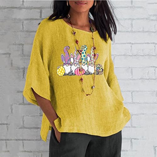 Велигденски кошули за жени екипаж Велигденски гном печатено топ 3/4 ракав памучни постелнина блузи лабави обичен пуловер
