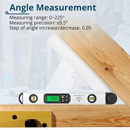 Пронаоѓач на пронаоѓач на дигитален агол на Allmeter за обработка на дрво, 16 инчи 400мм 0-225 ° мерач на мерач на мерач со осветлување на LCD LCD дисплеј ниво на меур за мерења н
