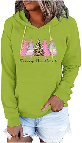Hoksml салон дуксери за жени новогодишна елка Дедо Мраз печати долги ракави, џемпери со џеб со џебни удобни врвови