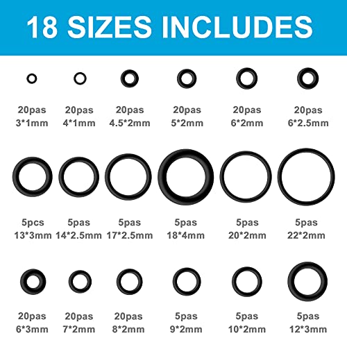 Комплети за асортиман од 225 парчиња ринг, 18 големини запечатуваат мијалници за заптивки изработени од нитрилна гума NBR за професионално