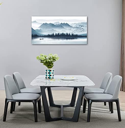 Индиго платно wallидна уметност магла планини wallидна слика магли езеро чамци платно сликање сива сина шума птици платно плакато гроздобер