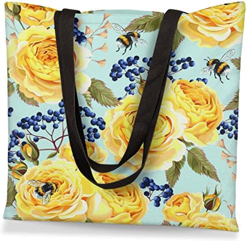 Цветна жолта роза пчела жени платно торба торба за еднократно рамо рачна торба девојки тешки шопинг намирници торбички патувања торба