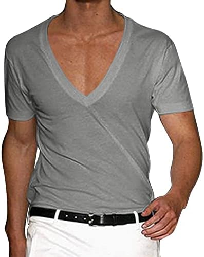 XXBR MENS Sexy Deep V врат маици, летен краток ракав со цврста боја тренинг мускулатура на врвови на врвови основни маички