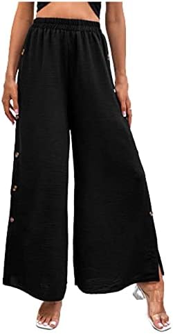 Фелегд летни обични панталони за жени Еластично копче со цврста боја на половината со висока половината, лабава удобна широка