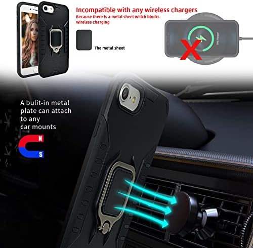 Modos Logicos Case за iPhone SE 2022 / iPhone SE 2020 / iPhone 7 / iPhone 8 4.7 ”, Двојни слоеви Заштитна кутија со 360 метални ротирачки ринг -ринг, работејќи со магнетски автомобили - црно