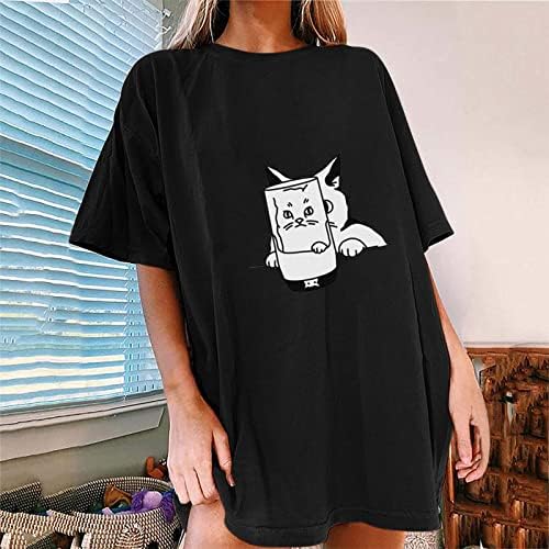 2023 Смешна графичка маица со мачки за лице за жени плус големина на рамо на рамо на кратки ракави на кратки ракави, обичен екипаж преголема блуза за мета