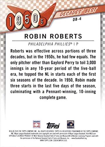 2020 година Ажурирање на Топс Ажурирање Серија 3 Бејзбол деценија Најдобриот DB-4 Robin Roberts Philadelphia Phillies Официјална картичка за