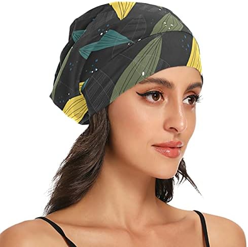 Череп капа за спиење Работа капа за капачиња за жени за жени цветни лисја тропско сино зелено капаче за спиење Работна капа за коса,