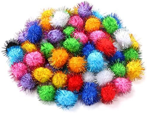 Кабакс 1,8 '' Собрани топки со искра во боја, Tinsel pom poms puff топки сјај за мачки мачиња играчки DIY Божиќ, 100 парчиња