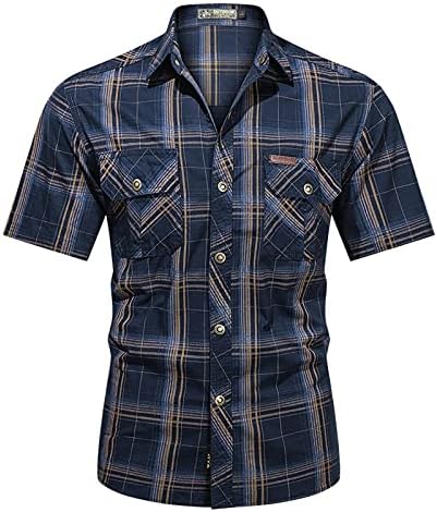 Машки карго кошули плус големина, летен отворен памук со краток ракав измиен кошула во воен стил кампување пешачење кошула
