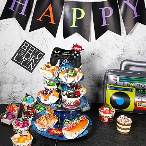 3-часовна видео игра Cupcake стојат еднократно мини игра тема за торта штанд картонски гејмер држач за кексот, за роденденски тематски партиски материјали за десерт шт