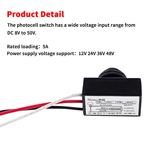 Фотоелектричен прекинувач DC 8-50V, 12V/24V/36V/48V директна струја на фотоцел прекинувач, самрак до зори, прекинувач за светло на фотоцела,