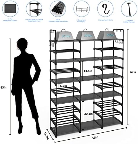 Plzlove 10 Нивоа Чевли Решетката Организатор за Плакарот &засилувач; Влезот, Високи Метални Чевли Полица За Складирање 54-62 Пара, Екстра Големи Чевли Стојат Црни Редење Б