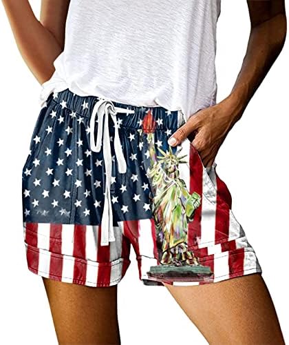 Ден на независност Тренд Спорт Јога лабава шорцеви со прилагодлива влечење на средниот половината во САД, панталони за печатење на плажа