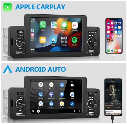 5-инчен единечен DIN CAR Stereo вграден Apple CarPlay Android Auto HD Ecrok Ecreen Car Radio со Bluetooth 5.1, Mirror Link,