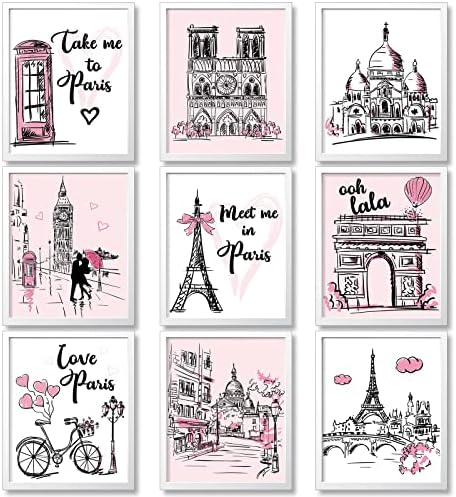 Пајеан 9 парчиња париски wallидни печати, розова Ајфелова кула Декор за спална соба романтична париска тема просторија декор Необрачен уметнички постер декор за дев?