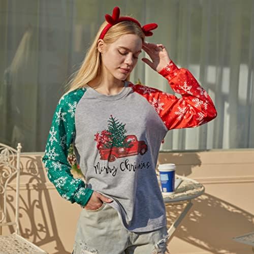 Среќна Божиќна маичка за жени елка карирана карирана врвови Раглан Долг ракав со снегулки за печатење на празнични кошули за одмор