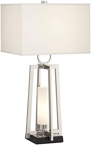 Посуни Евро Дизајн Алфаро модерна табела за ламба со ноќна светлина LED 31,5 висока полиран метал метал бела ткаенина правоаголна сенка за
