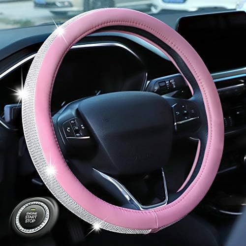 Haokai Нов автомобил Bling розово капакот на воланот за жени девојки, 15 -инчен универзален дијамантски кожен управувач на воланот