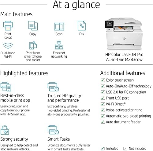 HP Color LaserJet Pro MFP M283CDW безжичен се-во-еден ласерски печатач, бел-печатење копирање на копирање на факс-2,7 LCD дисплеј,