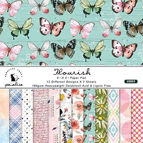 Vondyu 24 листови Butterfly Flower Clower Designer Designer Paper Parts, 6 x6 еднострани печатени пеперутки цветни модели хартија пакет DIY оригами декопајџ.