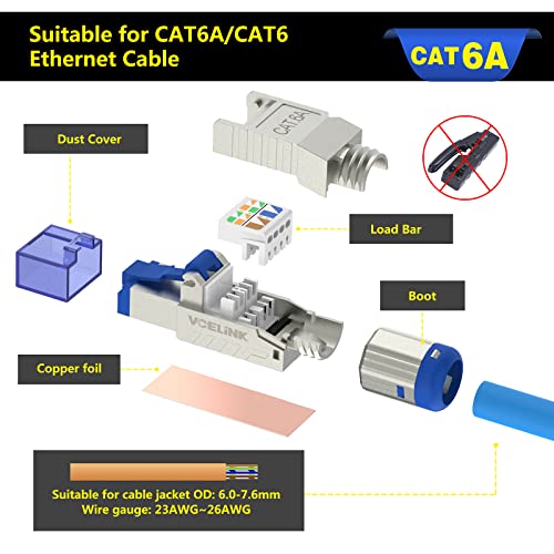 VCelink RJ45 CAT6A конектори без алатки, цинк легура заштитени приклучоци за прекинување на етернет за 23AWG SFTP кабли, лесен интернет