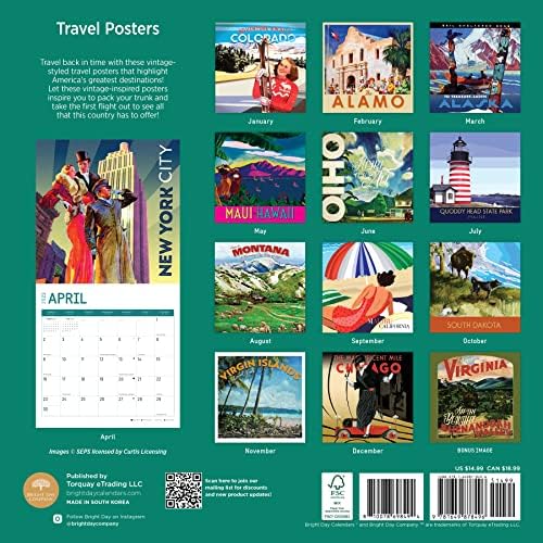 2023 Постери за патувања wallидни календари од светла ден, 12 x 12 инчи, убава дестинација уметност