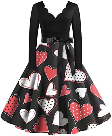 Женски Ретро Класичен Фустан За Печатење На Денот На Вљубените Со Долги Ракави