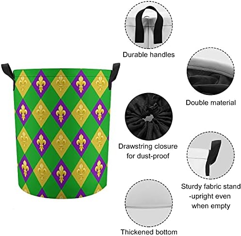 Флер Де Лис-Марди Грас Тркалезни Кеси За Перење Водоотпорна Корпа За Складирање Со Пречки Со Рачки И Капак За Затворање На Врвки